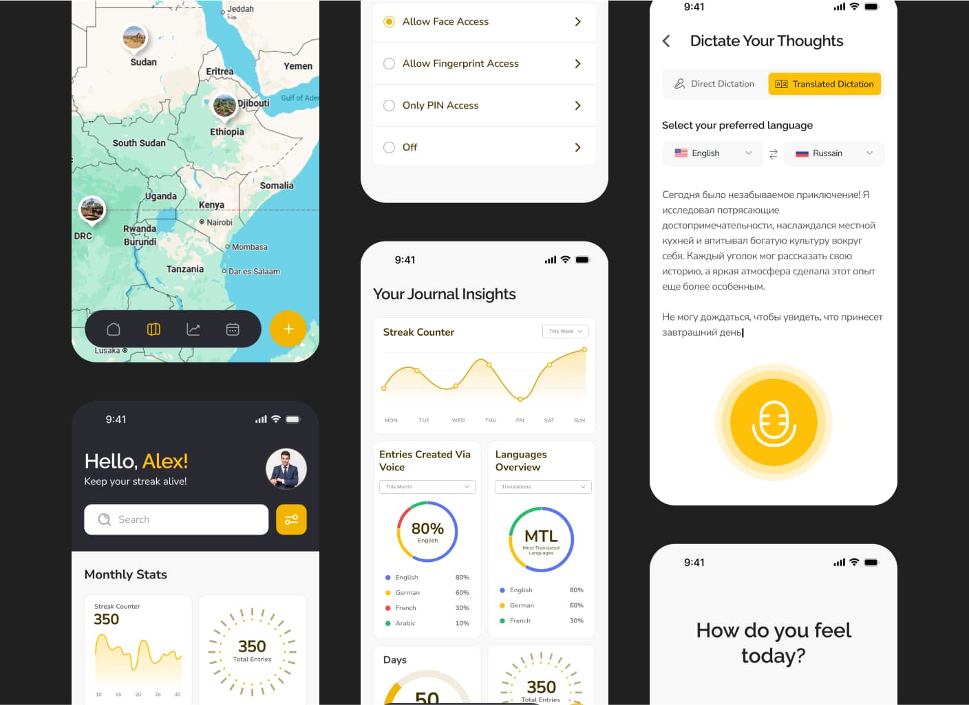 Collection of mobile app interfaces including maps, analytics, and forms